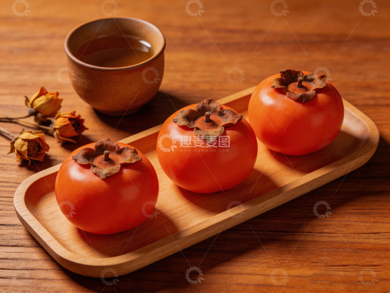 高清大图下载【趣麦麦图】木质托盘柿子茶具静物摄影