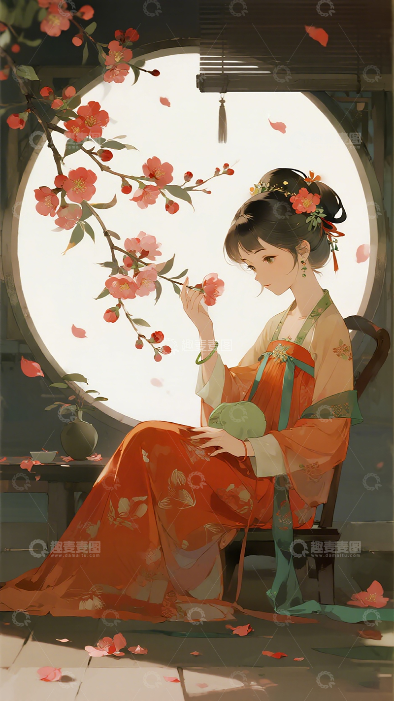 高清大图下载【趣麦麦图】古风美人花卉插画设计元素