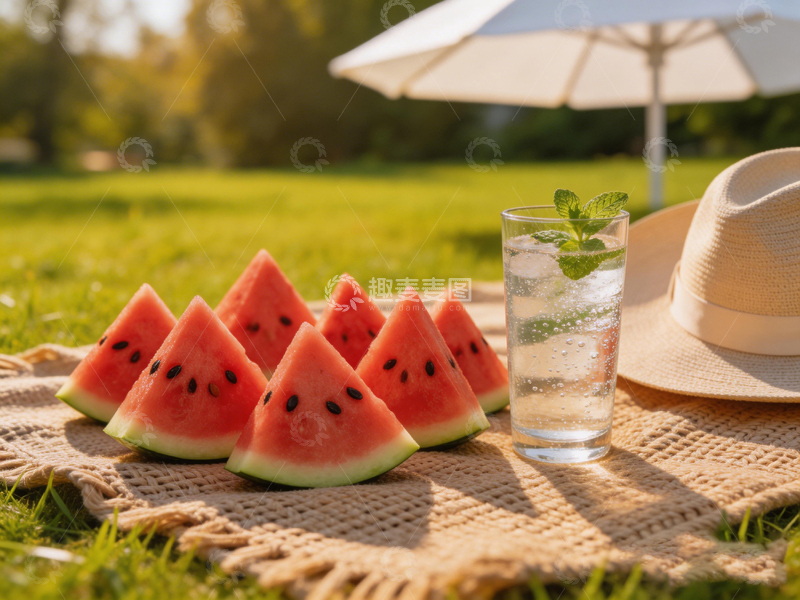 高清大图下载【趣麦麦图】夏日野餐西瓜饮品风光摄影