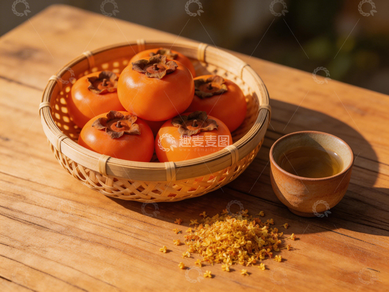 高清大图下载【趣麦麦图】竹篮柿子配茶杯静物摄影