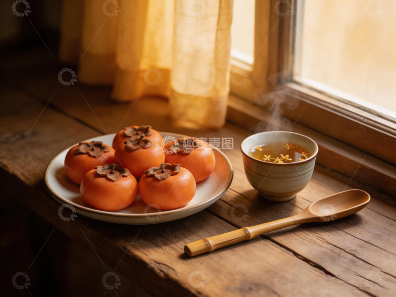 高清大图下载【趣麦麦图】暖色调秋日柿子茶具静物摄影