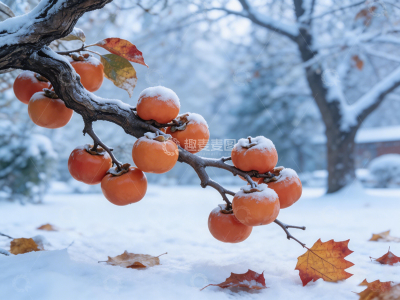 高清大图下载【趣麦麦图】冬日柿树挂果雪景