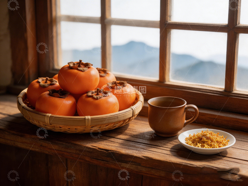 高清大图下载【趣麦麦图】暖阳窗前柿子茶具静物