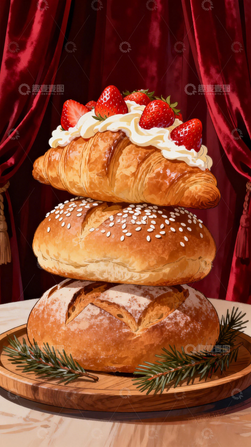高清大图下载【趣麦麦图】美食堆叠羊角面包草莓装饰