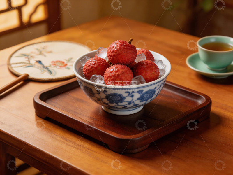 高清大图下载【趣麦麦图】青花瓷碗盛荔枝冰块静物摄影