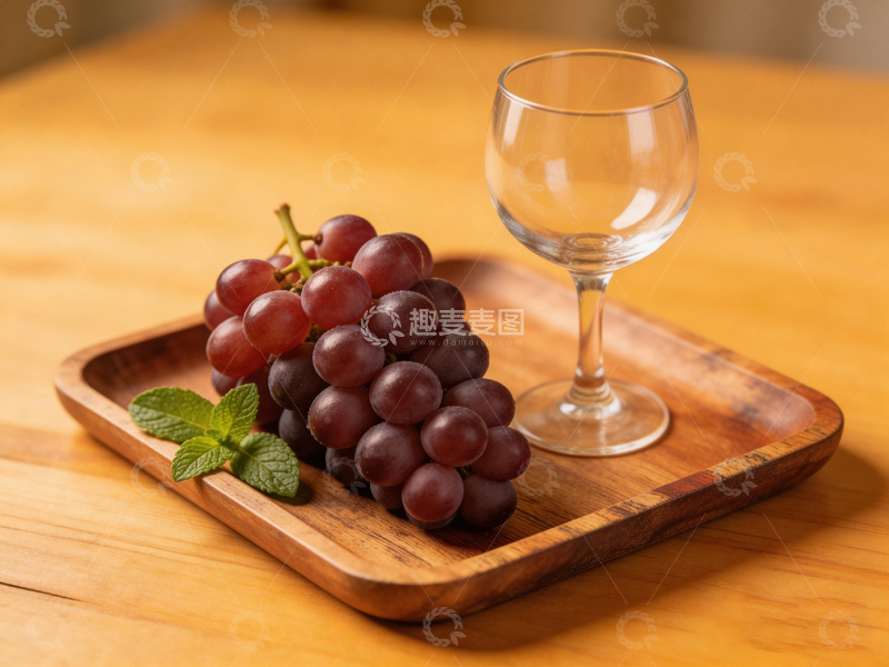高清大图下载【趣麦麦图】简约木质托盘葡萄玻璃杯静物