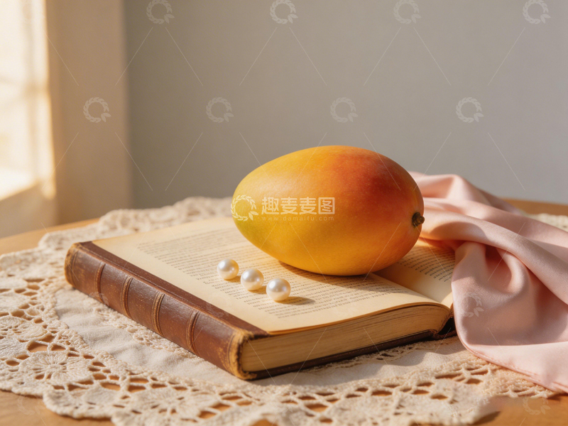 高清大图下载【趣麦麦图】复古静物芒果书籍珍珠