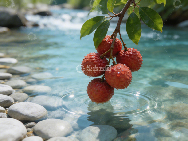 高清大图下载【趣麦麦图】荔枝挂枝溪水旁风景摄影