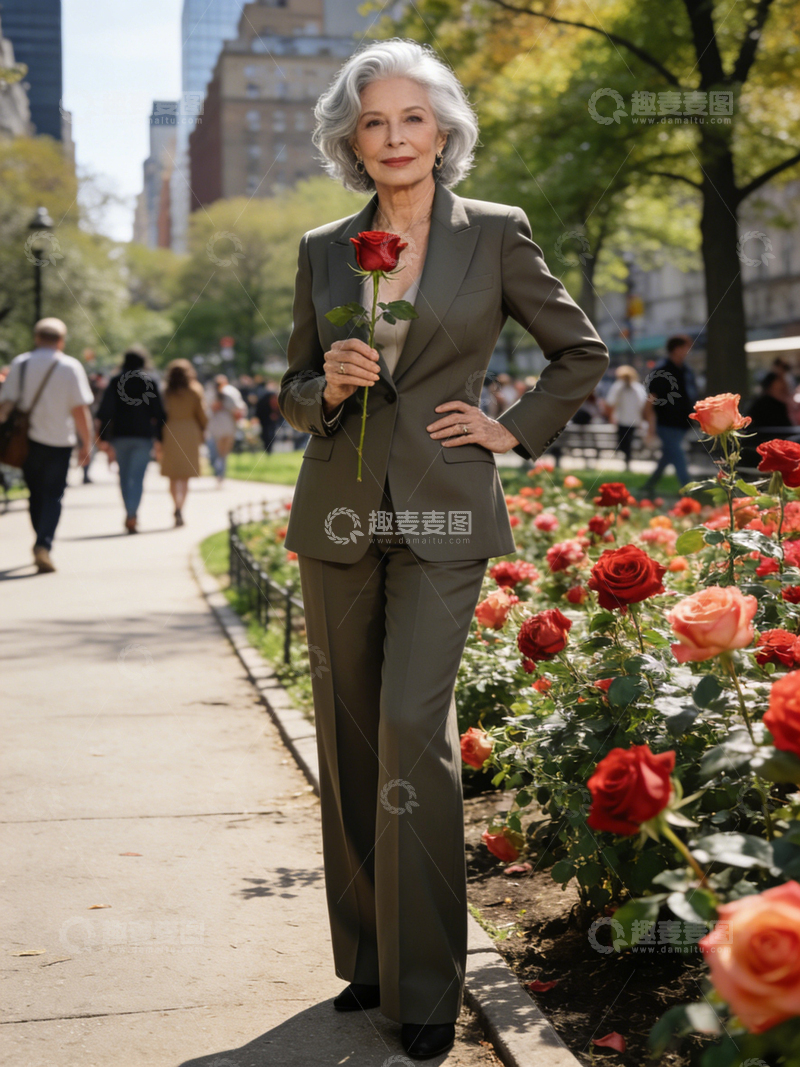 高清大图下载【趣麦麦图】城市公园玫瑰优雅中老年女性