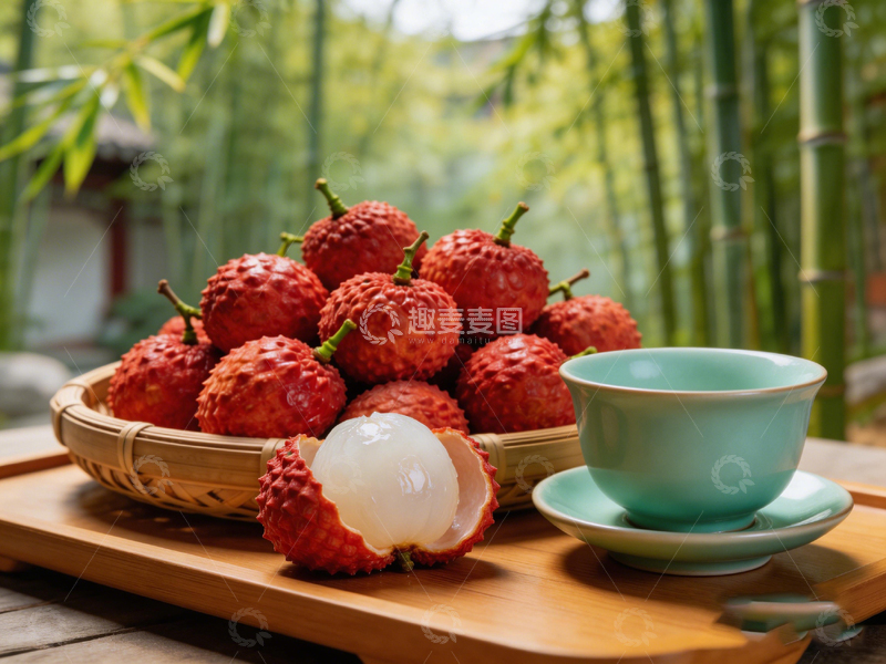高清大图下载【趣麦麦图】竹景荔枝茶杯静物摄影