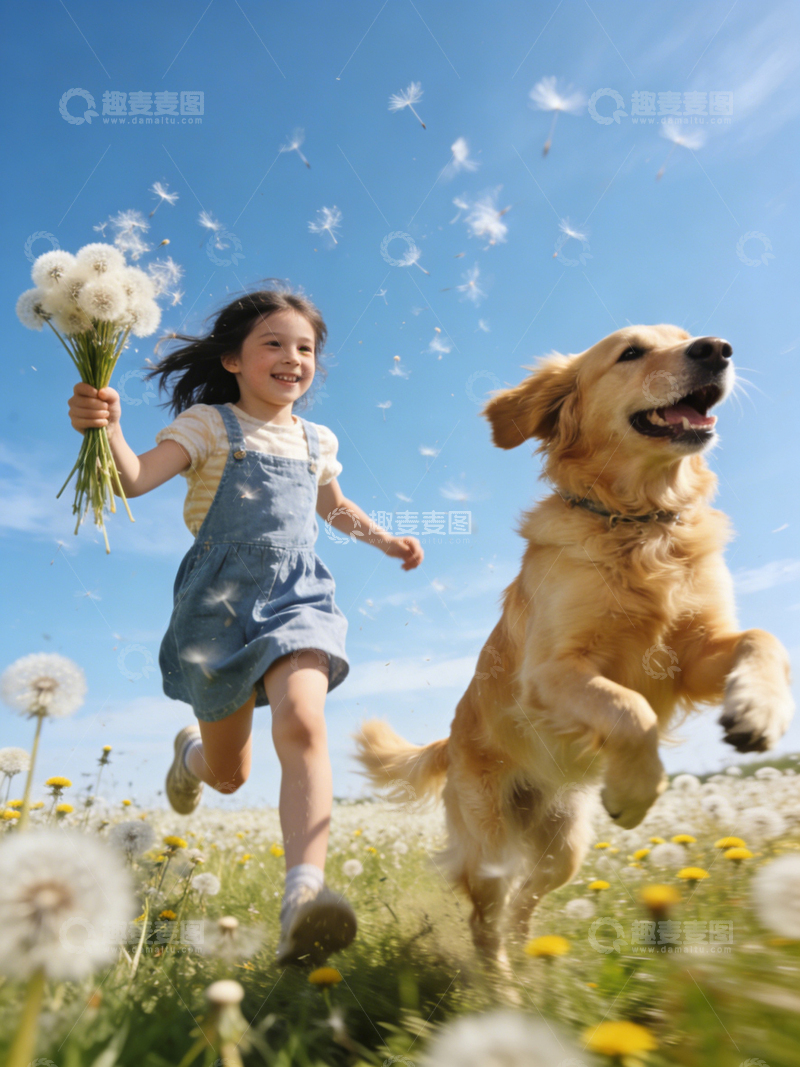 高清大图下载【趣麦麦图】阳光田野欢乐奔跑女孩与金毛犬