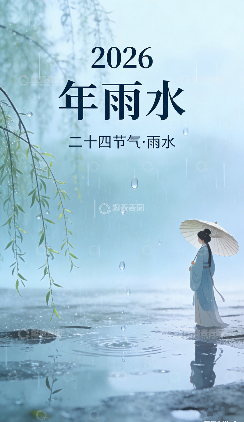 高清大图下载【趣麦麦图】2026雨水节气古风海报
