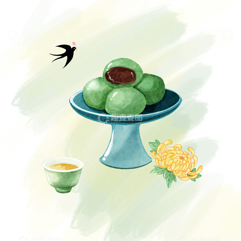 源文件下载【趣麦麦图】水彩青团菊花茶具插画
