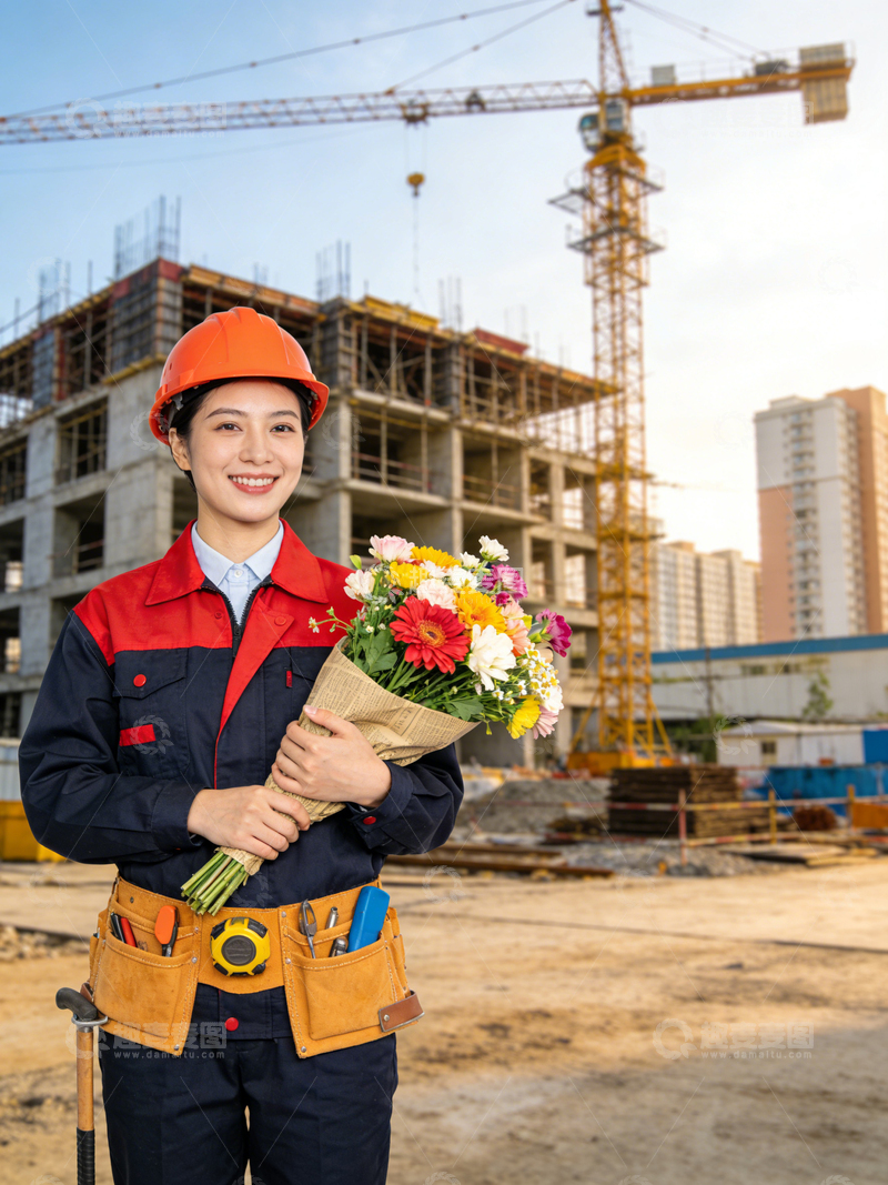 高清大图下载【趣麦麦图】建筑工地女工人鲜花肖像