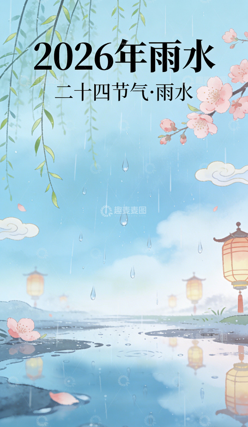 高清大图下载【趣麦麦图】2026雨水节气水墨风海报