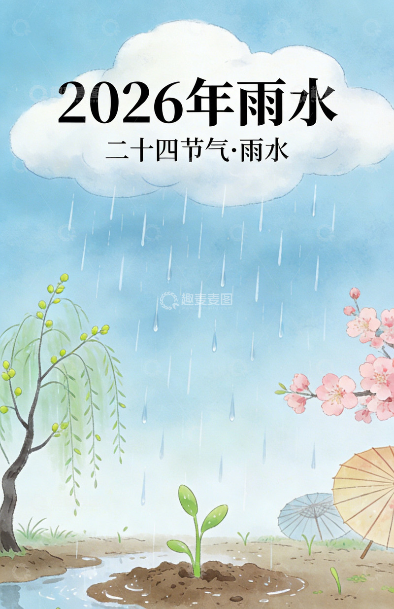 高清大图下载【趣麦麦图】2026年雨水节气插画