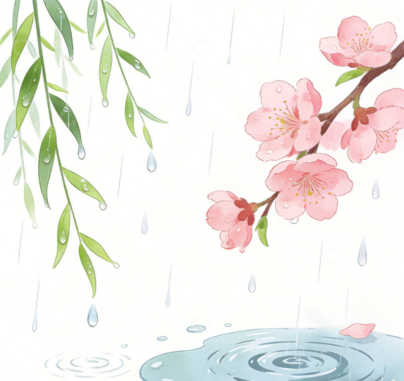 高清大图下载【趣麦麦图】水彩樱花雨景