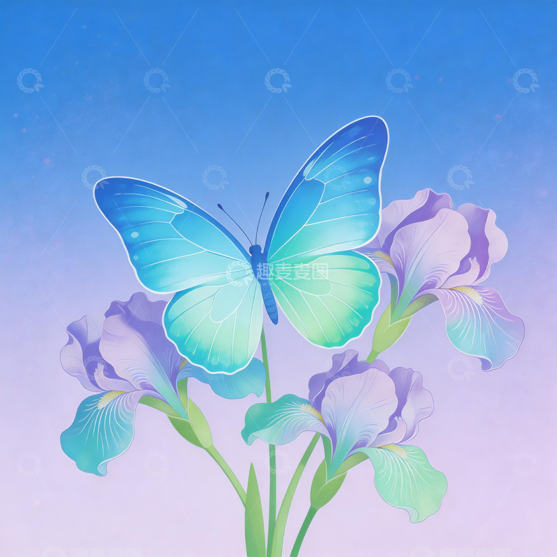 高清大图下载【趣麦麦图】闪蝶鸢尾极简渐变插画3