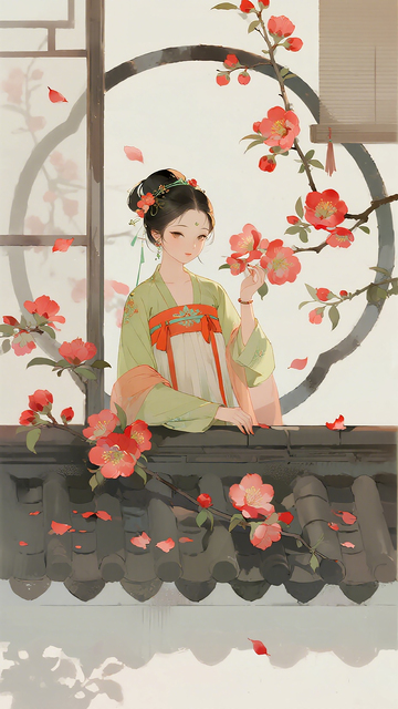 古风女子屋顶赏花插画