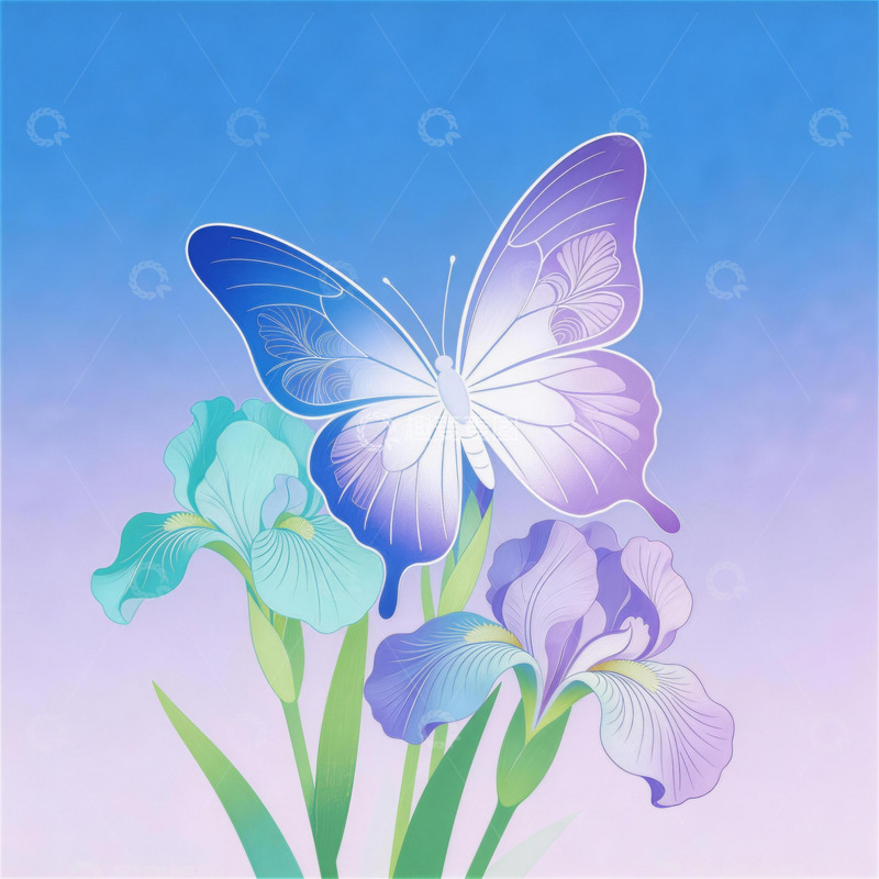 高清大图下载【趣麦麦图】闪蝶鸢尾极简渐变插画