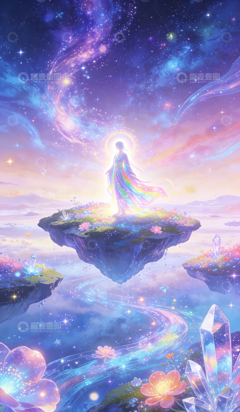高清大图下载【趣麦麦图】幻想星空女神水晶岛插画