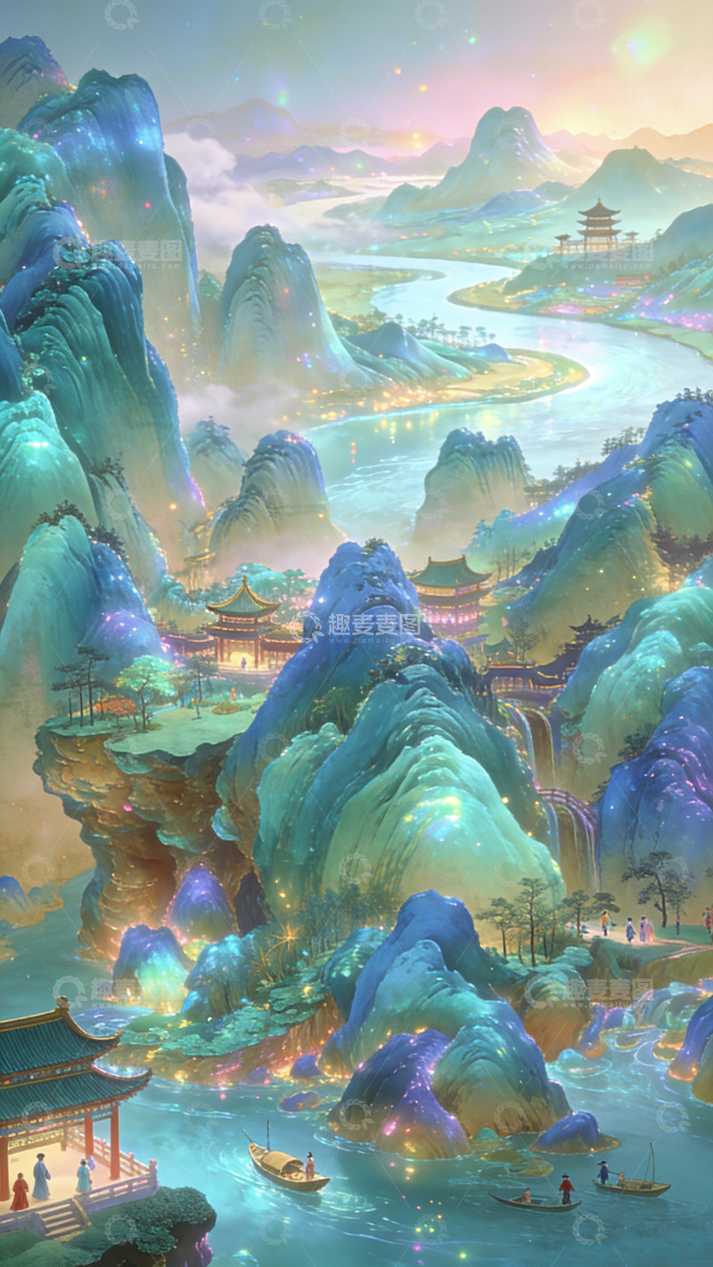 高清大图下载【趣麦麦图】梦幻山水古风插画