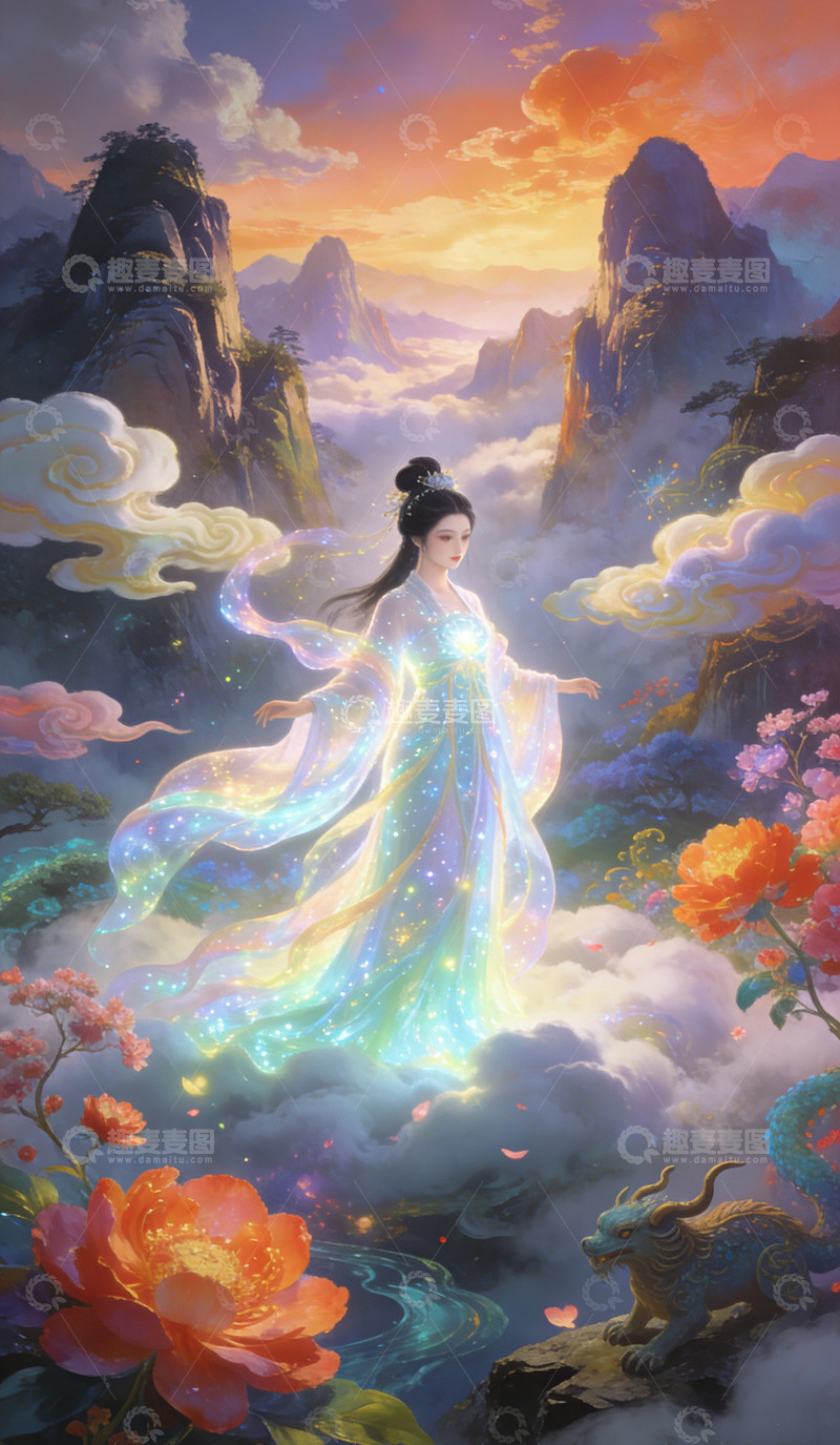 高清大图下载【趣麦麦图】仙气飘飘古风女子山水画