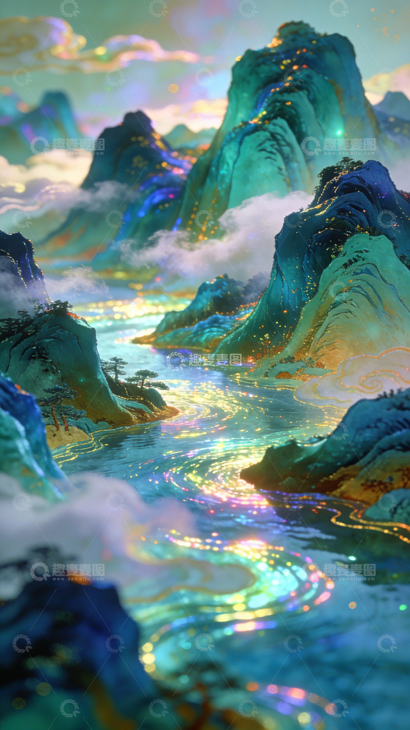 高清大图下载【趣麦麦图】梦幻山水水彩画