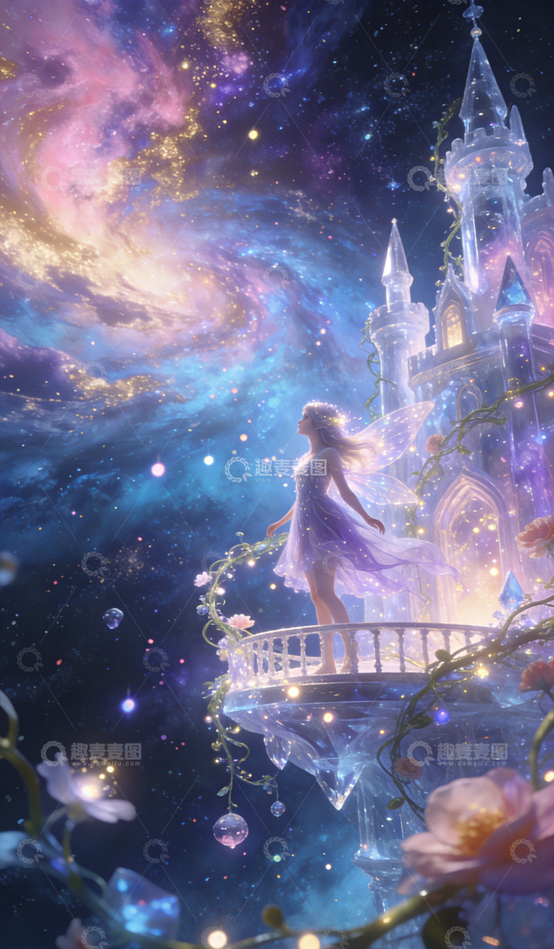 高清大图下载【趣麦麦图】梦幻星空城堡少女插画