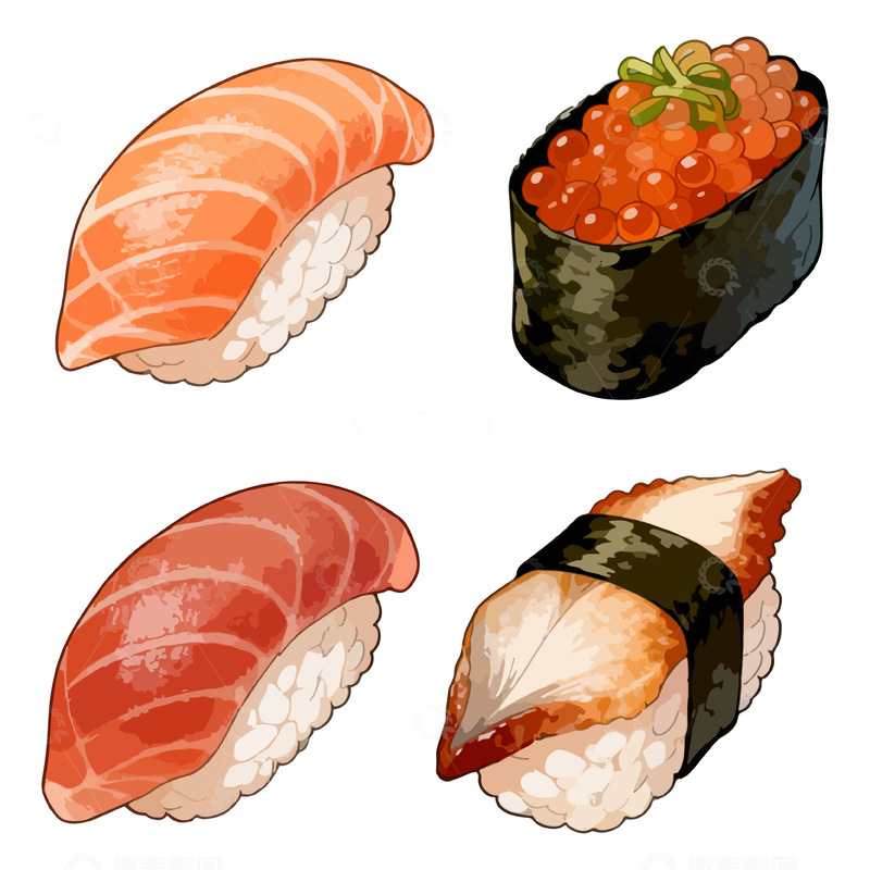 源文件下载【趣麦麦图】手绘插画寿司美食组合