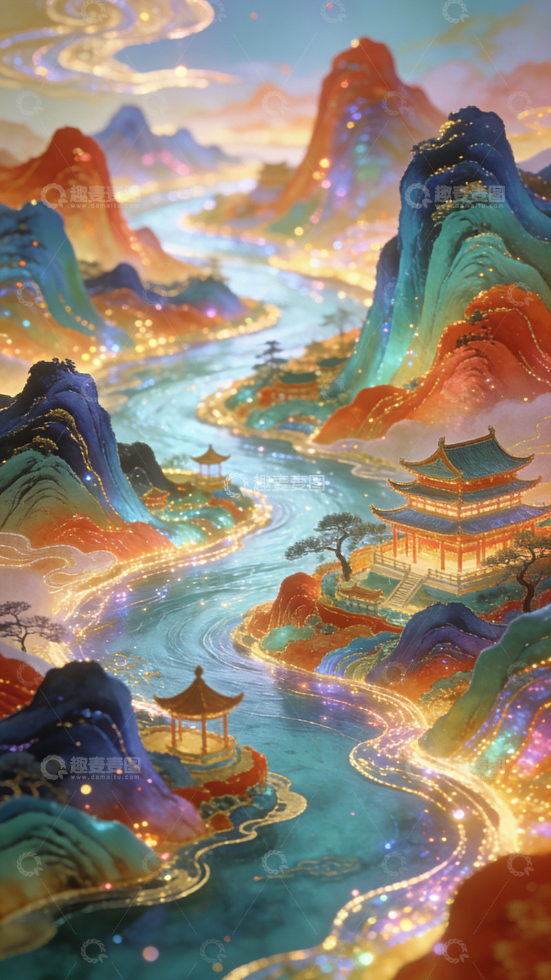 高清大图下载【趣麦麦图】幻想山水古建风景画