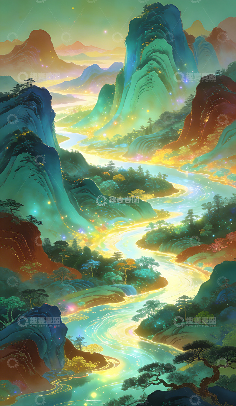 高清大图下载【趣麦麦图】梦幻山水插画壁纸