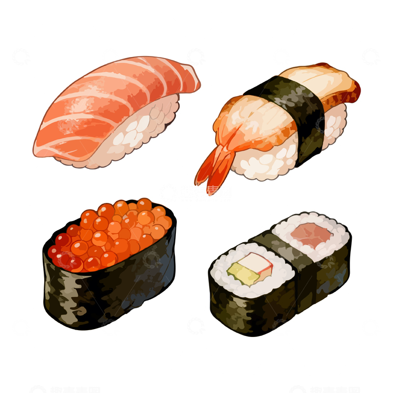 源文件下载【趣麦麦图】寿司美食插画手绘水彩画