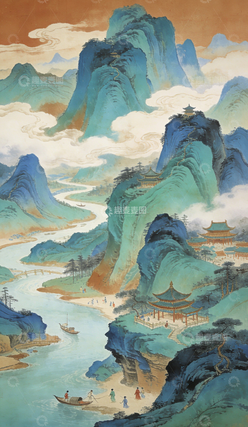 高清大图下载【趣麦麦图】山水画古风仙境建筑风景