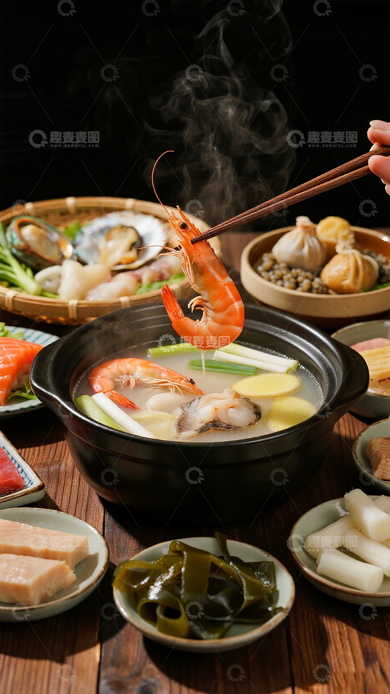 高清大图下载【趣麦麦图】热气腾腾海鲜火锅美食摄影