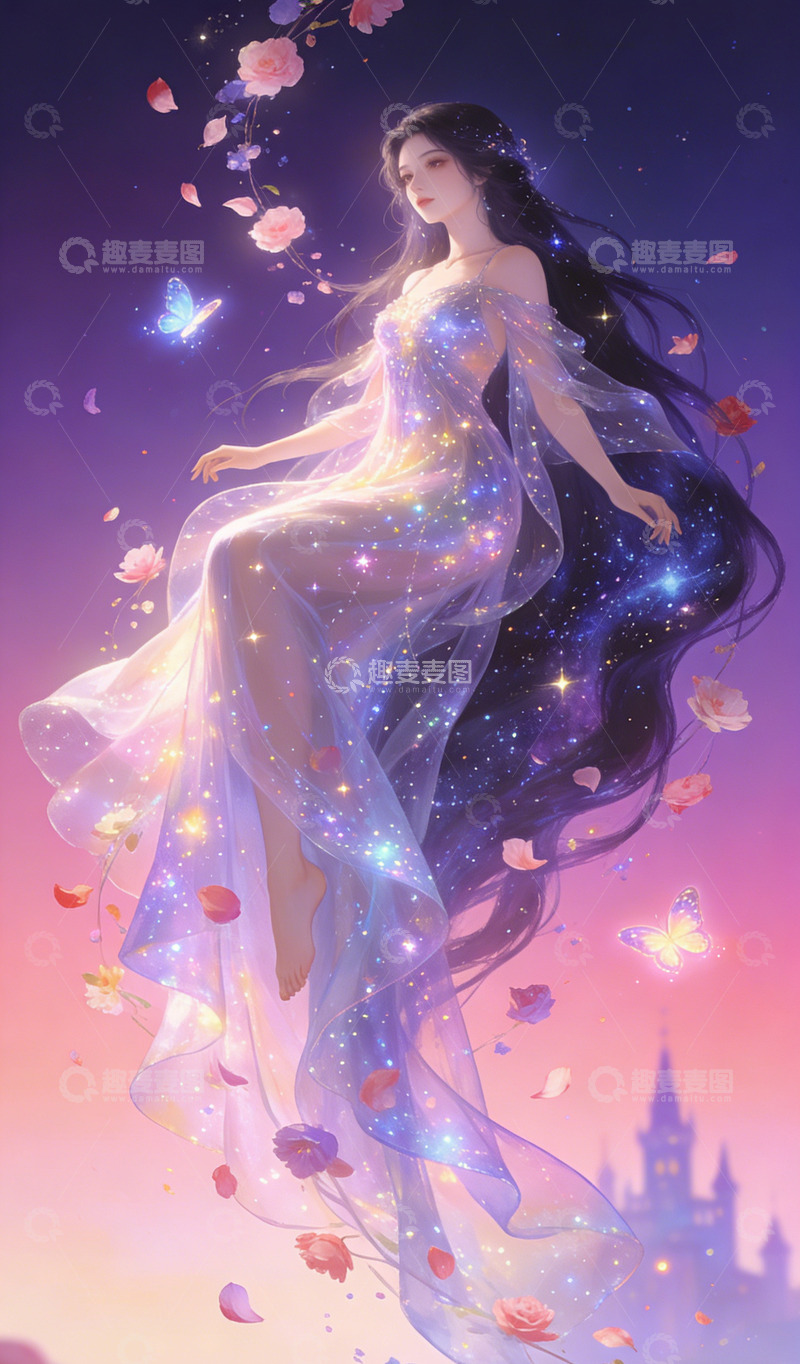 高清大图下载【趣麦麦图】梦幻仙女星空长裙插画