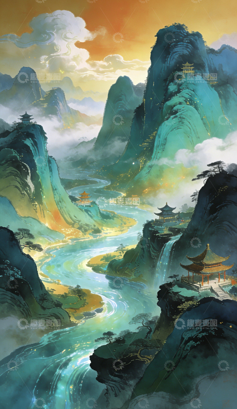 高清大图下载【趣麦麦图】东方仙境山水风景画
