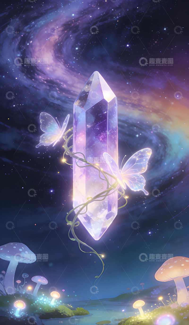 高清大图下载【趣麦麦图】梦幻水晶星空蝴蝶插画