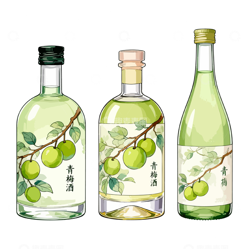 源文件下载【趣麦麦图】水彩青梅酒瓶插画设计素材