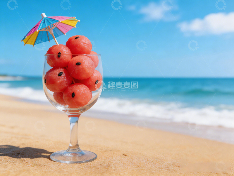 高清大图下载【趣麦麦图】夏日沙滩水果杯摄影图片