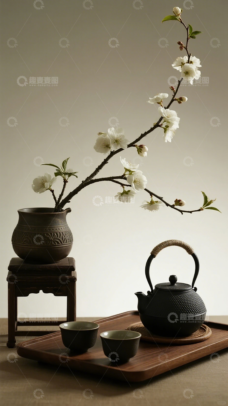 高清大图下载【趣麦麦图】禅意茶席梅花茶具摄影