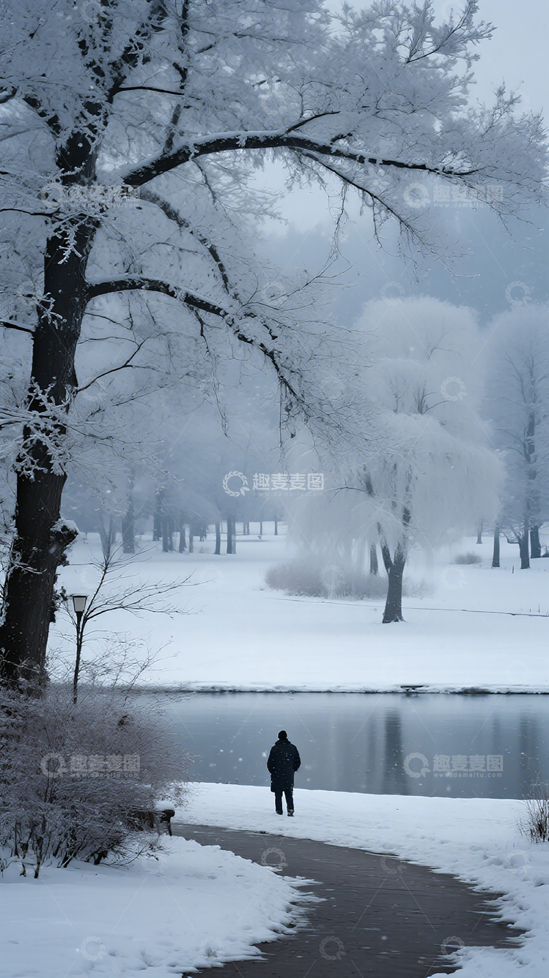 高清大图下载【趣麦麦图】冬日雪景湖面独行