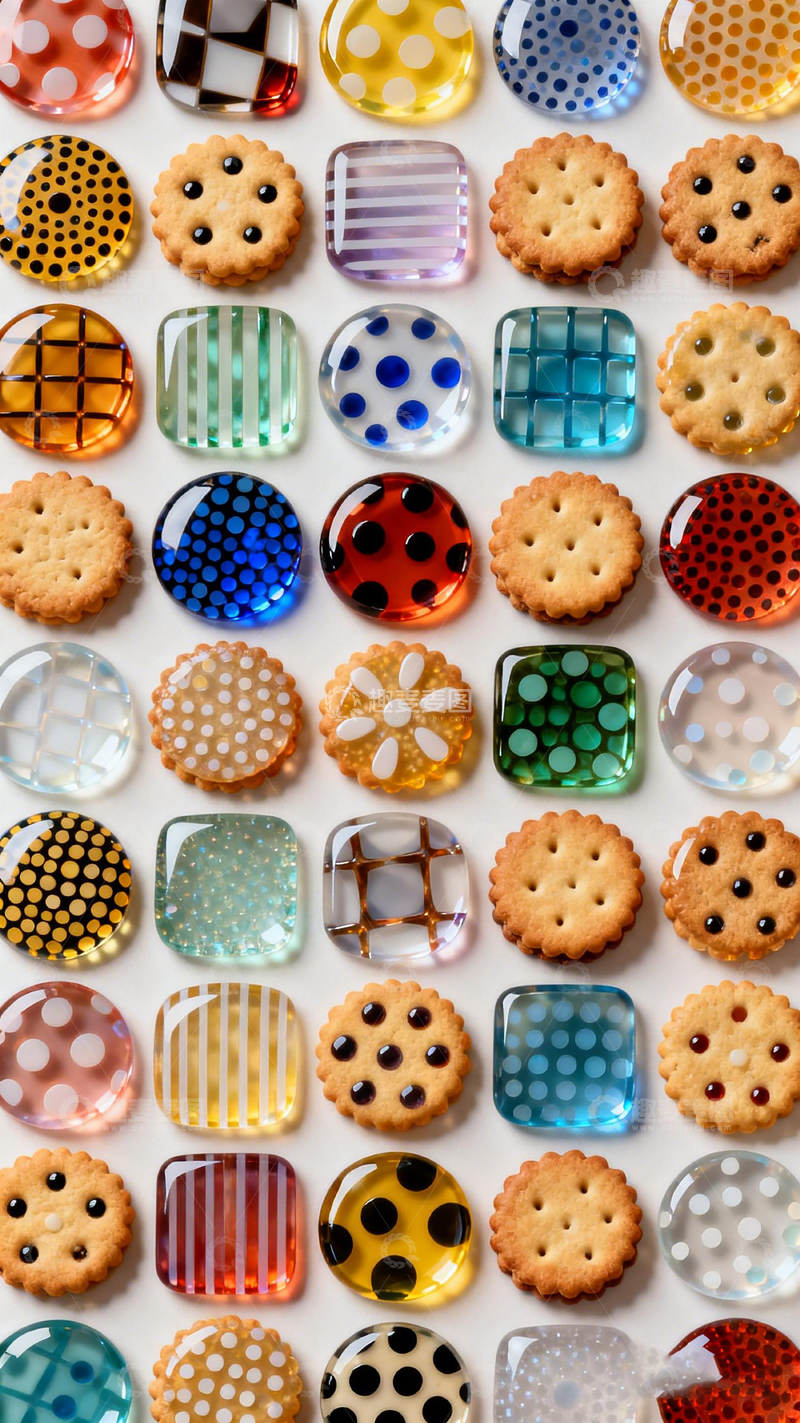 高清大图下载【趣麦麦图】色彩缤纷饼干与玻璃饰品组合