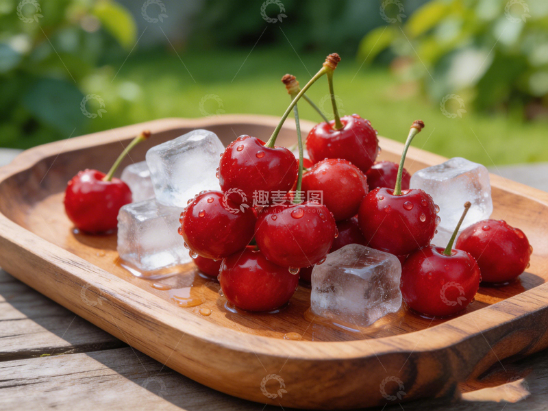 高清大图下载【趣麦麦图】木盘樱桃冰块夏日清凉
