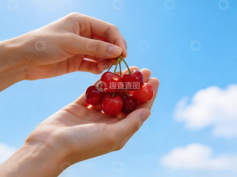 高清大图下载【趣麦麦图】蓝天樱桃手持特写