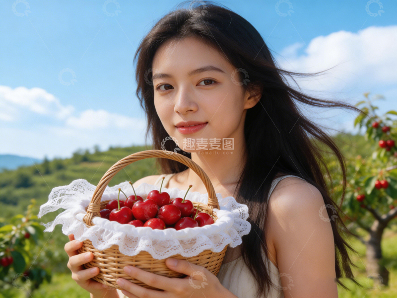 高清大图下载【趣麦麦图】田园风光樱桃采摘美女写真