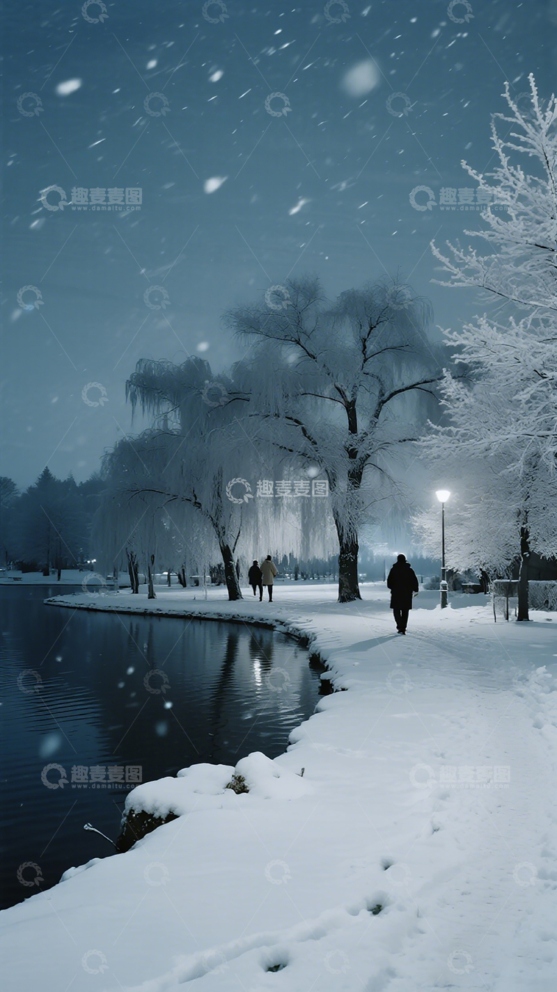高清大图下载【趣麦麦图】雪夜湖畔漫步风光摄影图片