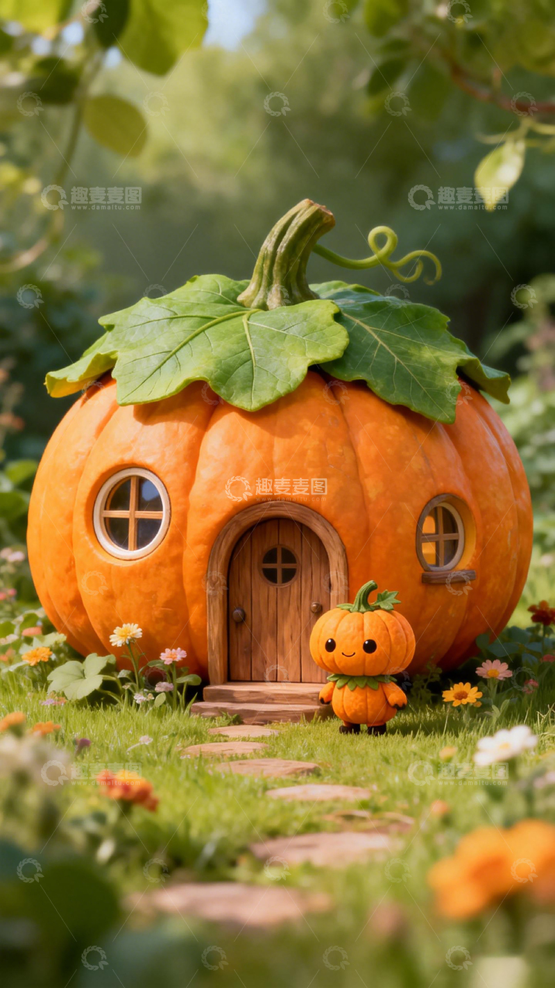 高清大图下载【趣麦麦图】南瓜屋童话场景插画