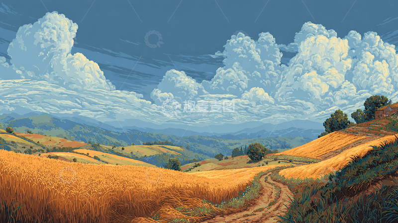高清大图下载【趣麦麦图】蓝天白云下的金色麦田