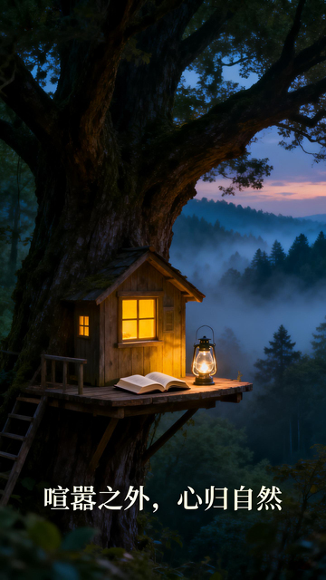 树屋静谧夜晚风景画